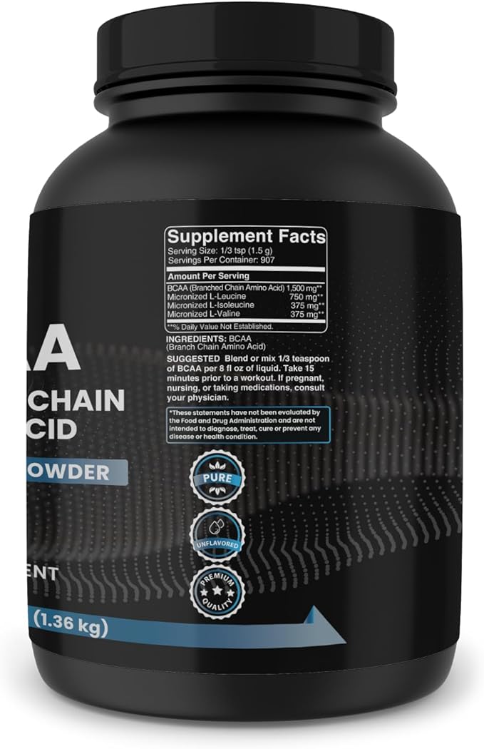 PURE ORIGINAL INGREDIENTS 2:1 BCAA Powder 3 lbs Branched-Chain Amino Acids Unflavored 907 Servings Always Pure No Additives or Fillers