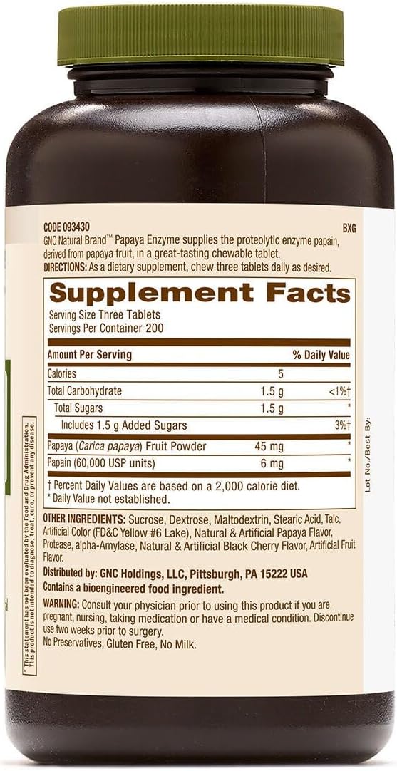 GNC Natural Brand Papaya Enzyme 600 chewable Tablets