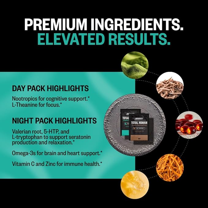 ONNIT Cognitive &amp Daily Wellness Bundle: Alpha Brain Nootropic Capsules (30 Count) + Total Human Multivitamin Packs (30-Day Supply) IGEN Non-GMO Tested Focus Energy &amp Clarity Pack of 2