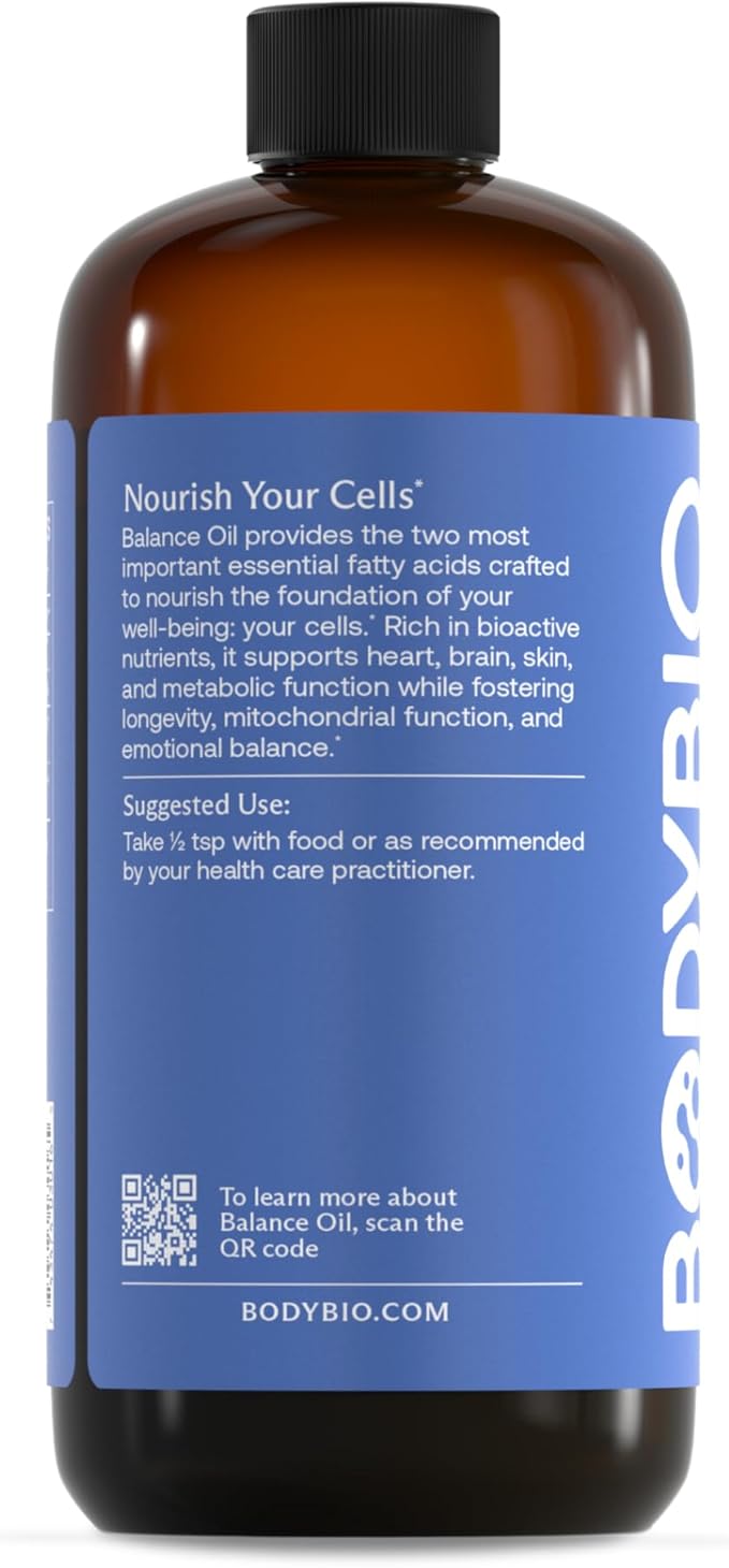 BodyBio Balance Oil - Vegan Omega 3 6 Supplement – Cold-Pressed Safflower &amp Flaxseed Oil – Supports Brain Function Healthy Skin and Mood