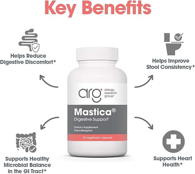 Allergy Research Group ARG Mastica Digestive Support - Supports Digestive Comfort - Delivers 1000 mg Chios Mastic Gum Resin per Serving - Vegetarian &amp Hypoallergenic - 30 Servings - 60 Capsules