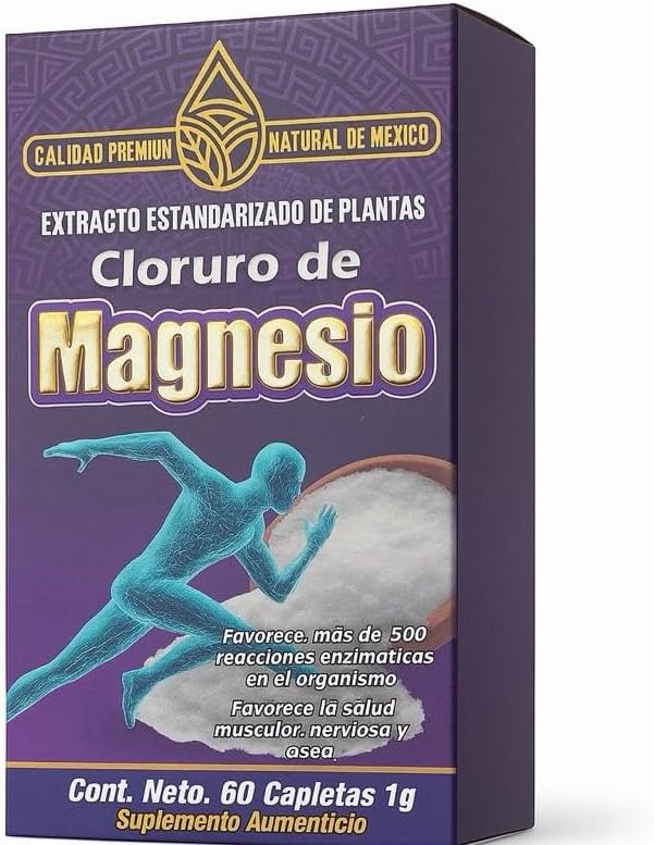 Cloruro de Magnesio – Suplemento Natural Premium | Extracto Estandarizado de Plantas | Favorece la Relajación Muscular Salud del Corazón Nervios y Huesos | 60 Capletas de 1 g