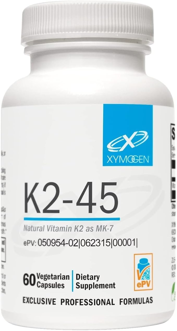 XYMOGEN K2-45 - Bone &amp Cardiovascular Support - 45 mcg Vitamin K2 - Bioavailable Natto-Derived Vitamin K - Vegetarian Gluten-Free Non-GMO - 60 Capsules