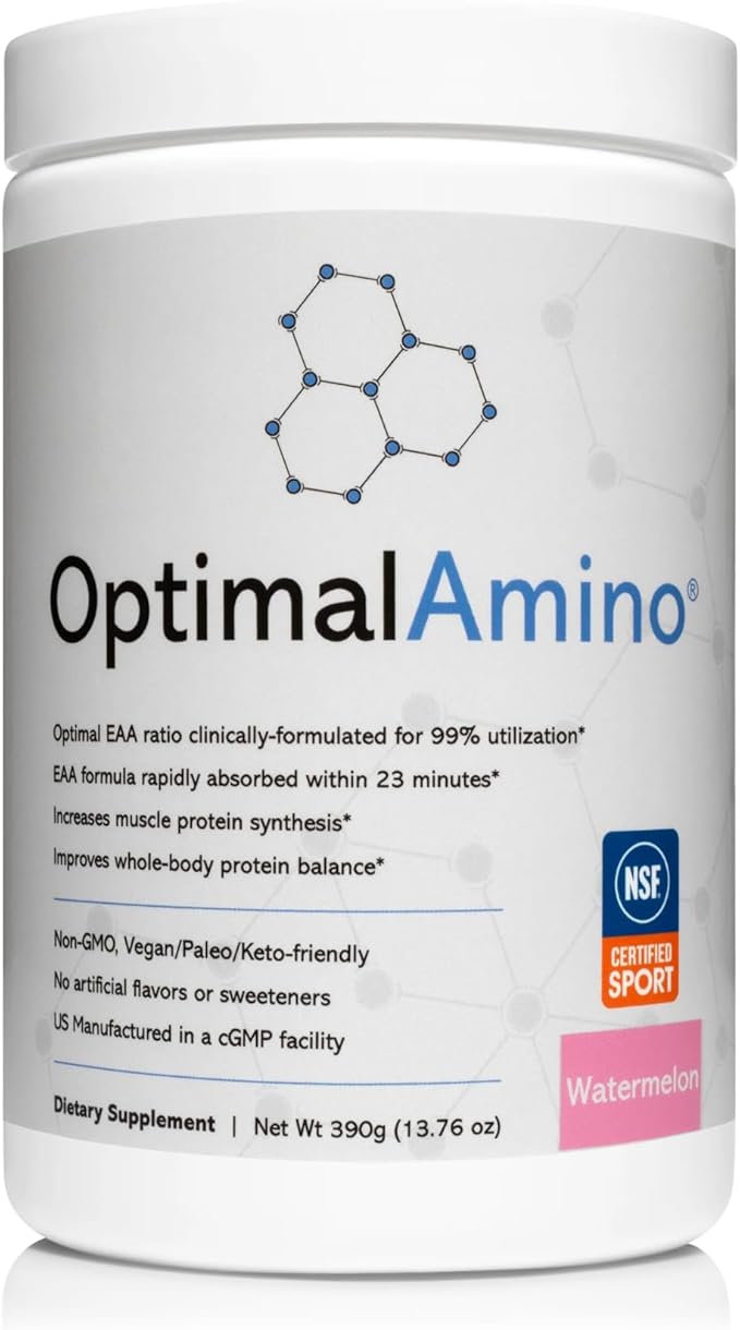 OptimalAmino Amino Acid Powder | 99% Utilized Essential Amino Acid (EAA) Supplement | Pre/Post Workout &amp Muscle Recovery | NSF for Sport Certified | Watermelon Flavor