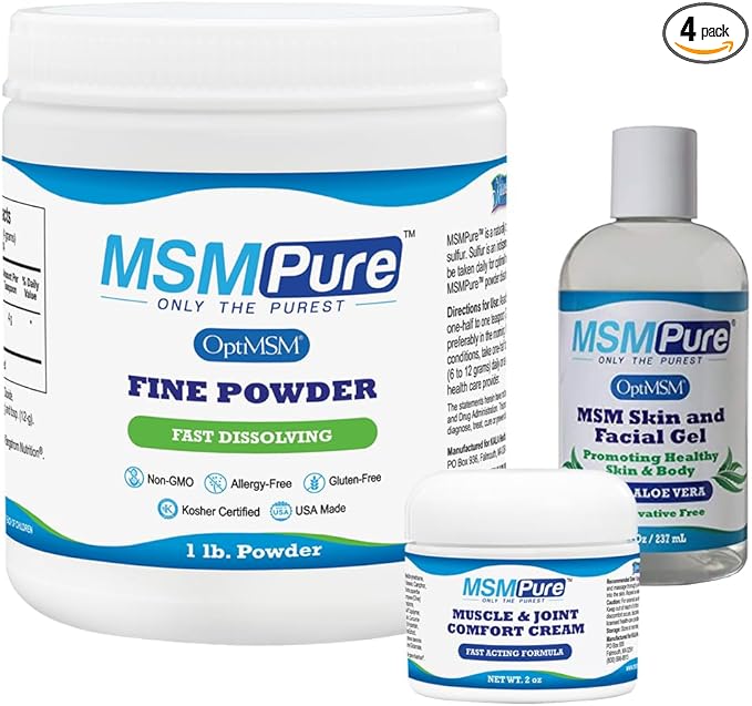 KALA HEALTH MSMPure Starter Bundle with MSM Fine Powder 1lb MSM Muscle &amp Joint Cream 2oz and MSM Gel with Organic Aloe 8oz