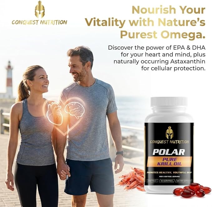 Polar Pure Krill Oil. Phospholipid-Bound Omega-3 DHA EPA Astaxanthin. Support for Heart Brain Eyes &amp Comfortable Movement. Health &amp Wellness Support. 30 Softgels