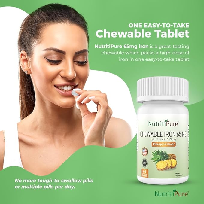 Chewable Iron Carbonyl 65 mg with Vitamin C 180 mg (for Women/Men) - Tablet in Pineapple Flavor 60 Count (1)
