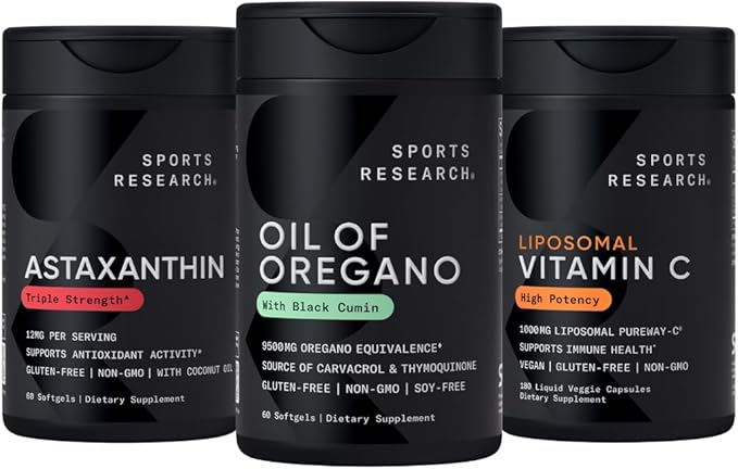 Sports Research® Antioxidant Support Pack - Oil of Oregano 9500mg + Triple Strength Astaxanthin 12mg + Liposomal Vitamin C Supplement 1000 mg