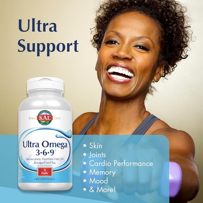 KAL Ultra Omega 3-6-9 1200mg | Fish Oil w/Cold Pressed Flaxseed &amp Borage Oil | Skin Hair Heart Memory | 200 Softgels