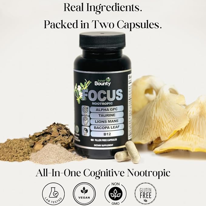 Focus 14-in-1 Nootropic Brain Supplement with Lions Mane Alpha GPC Choline Vitamin C &amp B12 Taurine Bacopa - Energy Cognitive Memory Support 60 Filler Free Capsules