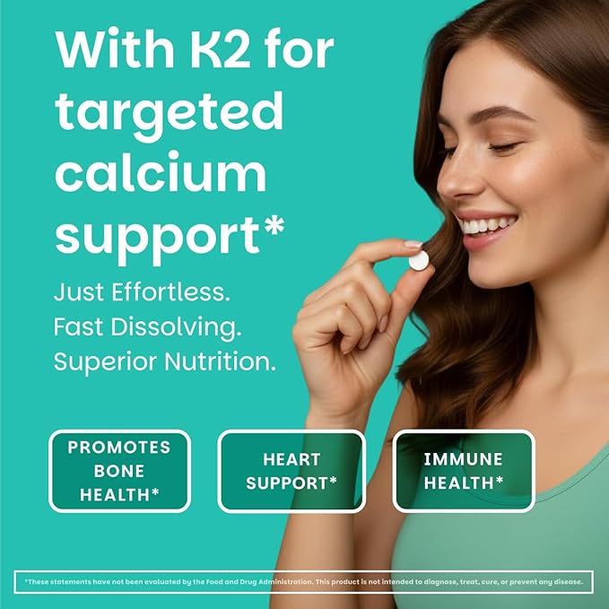 EZ Melts Dissolvable Vegan Vitamin D3 + K2 5000 IU - Bone &amp Heart Health Support - Immune Function Support - No Artificial Flavors - Non-GMO - Green Apple - 90 Dissolvable Tablets (90 Servings)
