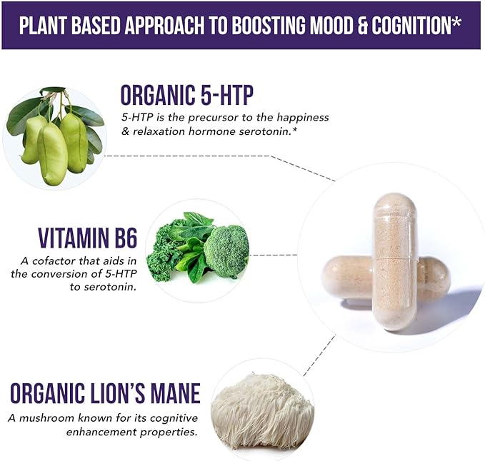 Organic 5-HTP - 200 mg | 99% 5HTP Concentration Plus Cofactor Vitamin B6 &amp Lion’s Mane | Water Extracted from Organic Griffonia Seeds | Supports Mood Cognition &amp Sleep (60 Capsules | 30 Serv