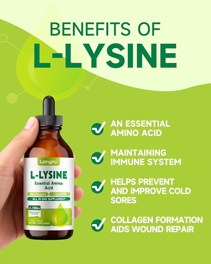 L-lysine 1000mg Supplement Liposomal Lysine Liquid Drops for Adults L-Lysine Liqud Drops 1000mg Lysine for Kids &amp Adults with Calcium Complex GABA Vitamins Skin &amp Lip Health Immune &amp
