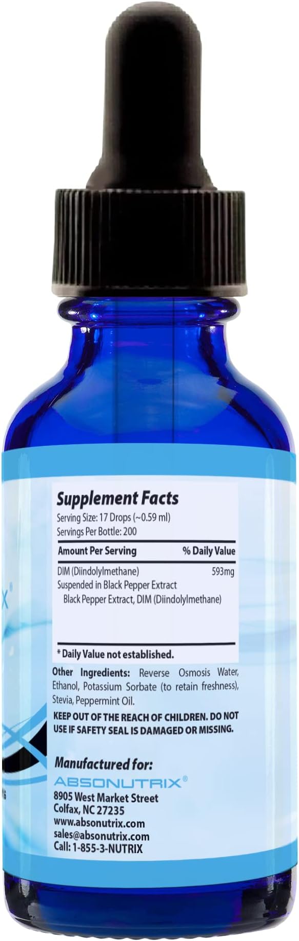 Absonutrix DIM (Diindolylmethane) Extract 593 mg 4 Oz Bottle 200 Potent Servings Third-Party Tested Drops Quick Absorption Gluten-Free Third-Party Tested GMP-Certified Non-GMO Made in USA