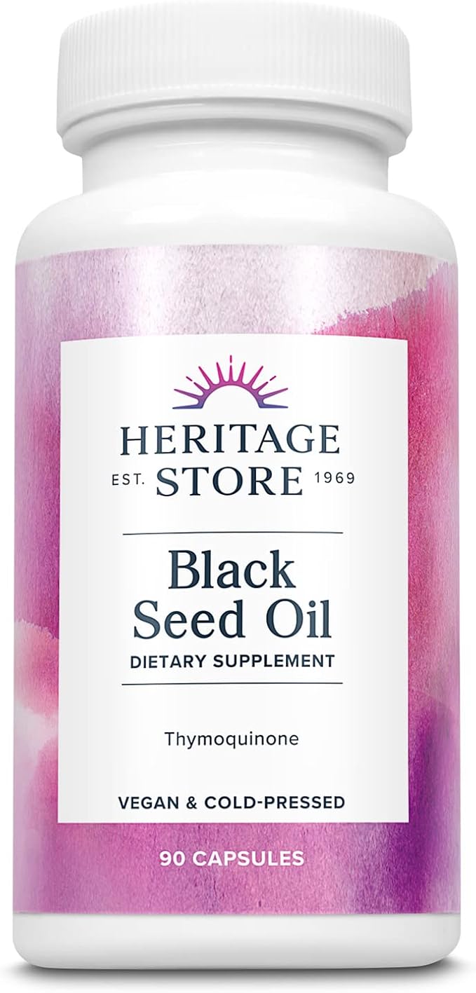 HERITAGE STORE Black Seed Oil Liquid Capsules 650mg Nigella Sativa Oil Supplement with Thymoquinone Omega 3 6 9 Antioxidant Cholesterol Digestive Joint &amp Immune Support* Vegan 45 Serv 90c