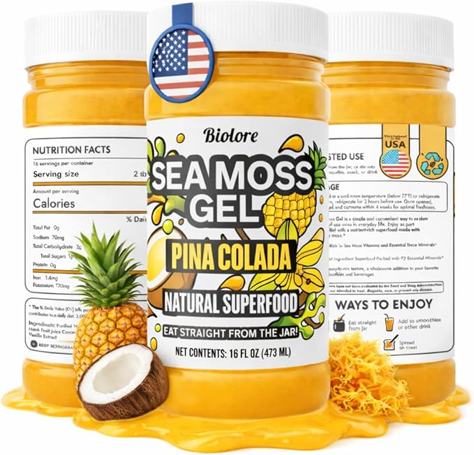 Biolore Pina Colada Sea Moss Gel 16 oz - No Added Sugar Vegan Made in USA - Wildcrafted Sea Moss Superfood with 92 Essential Vitamins - Ready to Use No Prep Needed