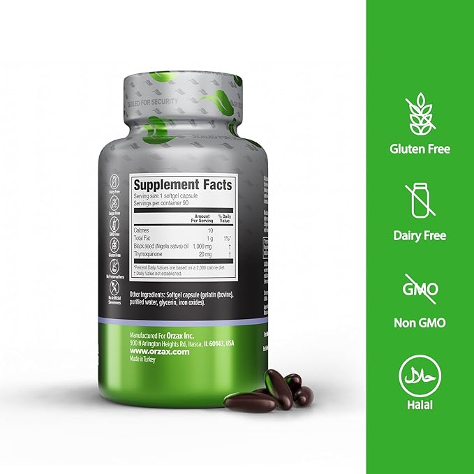 ORZAX Black Seed Oil Cold Pressed 100% Pure | Non-GMO - Rich in Omega 3 6 9 &amp Thymoquinone | Black Cumin Nigella Sativa Oil for Immune Support Hair Skin Face (1000 mg - 90 Softgel Capsules)