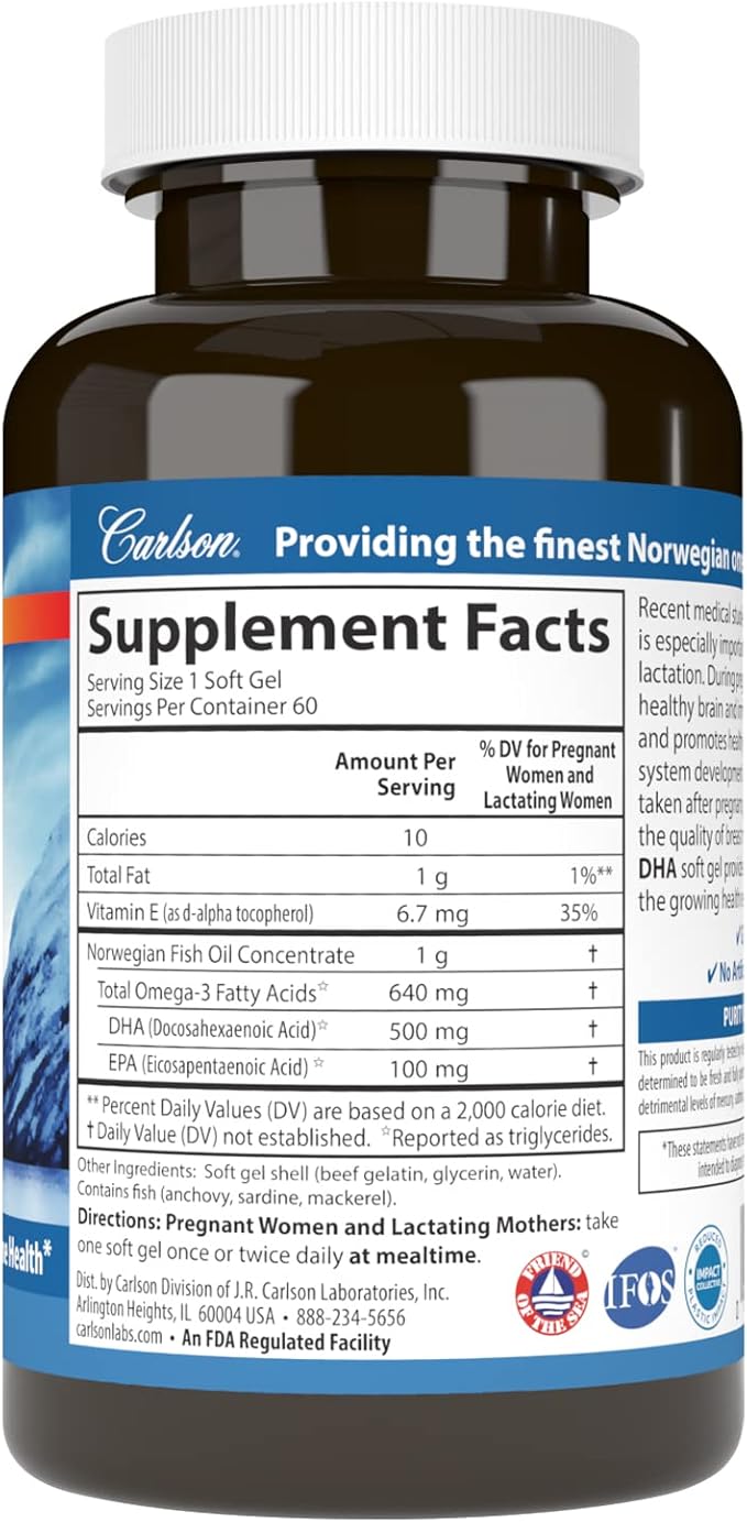 Carlson - Mother's DHA 500 mg DHA Prenatal Support Fetal Development &amp Immune Health 60 Softgels