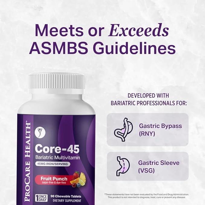 Procare Health Bariatric Multivitamin with Iron 45mg Chewable (90 Tablets) - Fruit Punch Flavor Bariatric Multivitamin Chewable Pills for Gastric Bypass &amp Sleeve Gastrectomy Patients (03 Month Sup