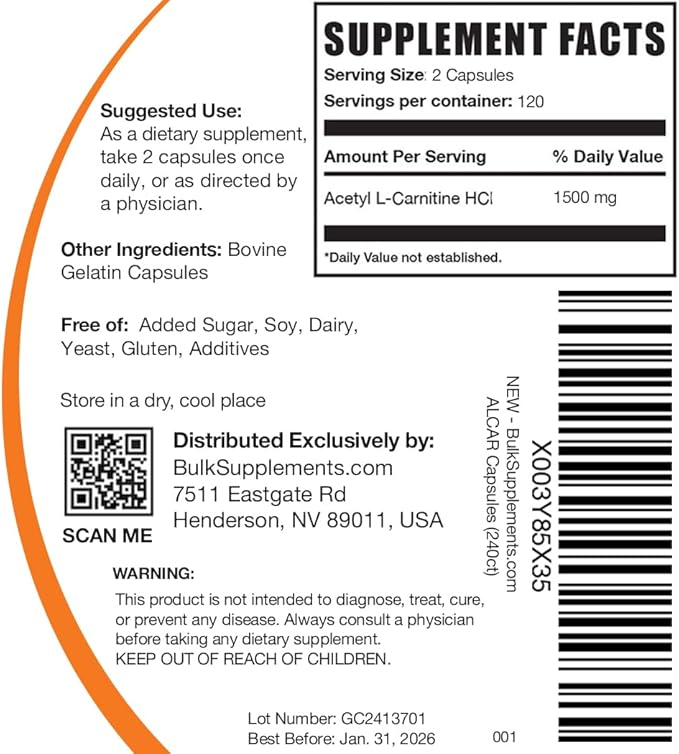 BulkSupplements.com Acetyl L-Carnitine Capsules - ALCAR HCl Carnitine Supplement - ALCAR Capsules Acetyl L-Carnitine 1500mg - Gluten Free 2 Capsules per Serving 240 Capsules