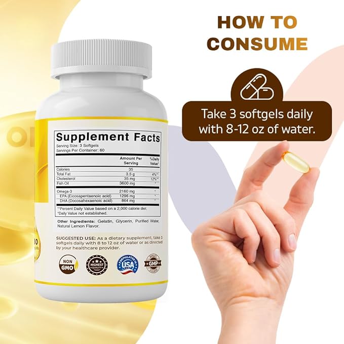 Vitamatic Triple Strength Omega 3 Fish Oil 3600mg Per Serving 2160mg Omega 3 Fatty Acids 1296mg EPA + 864mg DHA Burpless Lemon Flavor 180 Softgels- 2 Pack