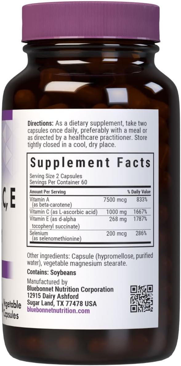 Bluebonnet Beta Carotene C and E Plus Selenium Vegetarian Capsules 120 Count White