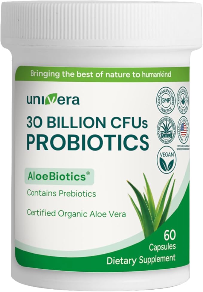 Univera Probiotics Probiotics and Prebiotics 30 Billion CFUs with Organic Aloe Vera -14 Strains Digestive Enzymes for Adults - Vegan AloeBiotics 60ct.