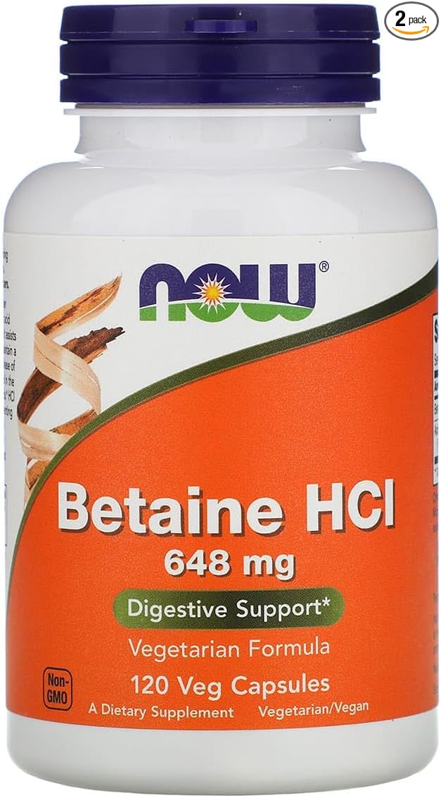 Now Foods Betaine HCl 648 mg with 150 mg of Pepsin 120 Capsules 2 Pack