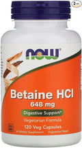 Now Foods Betaine HCl 648 mg with 150 mg of Pepsin 120 Capsules 2 Pack