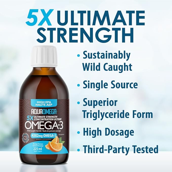5X Ultimate Strength Liquid Fish Oil Supplements Wild Caught Omega 3 Fish Oil Liquid High EPA &amp DHA Omega3 Fatty Acids Omega 3 Supplement with Vitamin D 7.60floz Orange Flavor