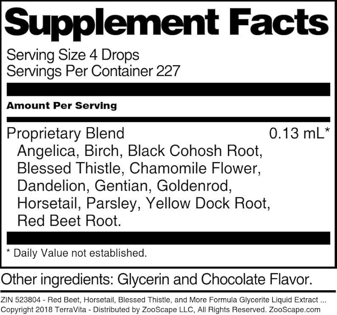 Terravita Red Beet Horsetail Blessed Thistle and More Formula Glycerite Liquid Extract (1:5) - Chocolate Flavored (1 oz ZIN: 523804)