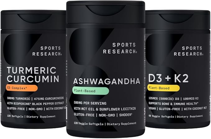 Sports Research® Multivitamins Pack - Natural Ayurvedic Adaptogen Made with Shoden® Ashwagandha + Turmeric Curcumin C3 Complex + Vegan Vitamin D 5000iu &amp Mk7 Vitamin K 100mcg
