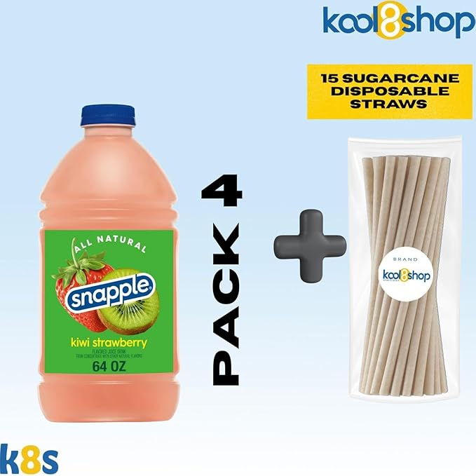 Snapple Kiwi Strawberry All Natural Fruit Juice 64 fl oz Plastic Bottle 4 Pack + 15 Sugarcane Disposable Straws by KOOL8SHOP Infinite Deals