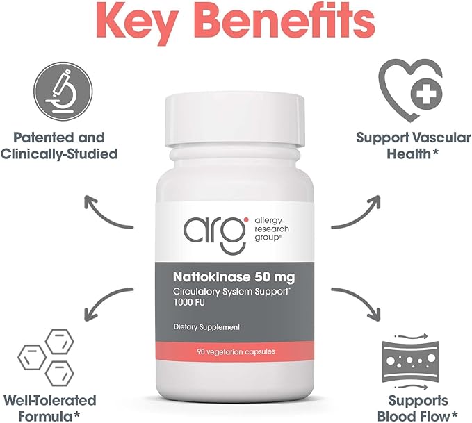Allergy Research Group ARG Nattokinase 50 mg - Supplement to Support Healthy Circulation - Delivers 50 mg Nattokinase NSK-SD from Fermented Soybeans per Serving - 45 Servings - 90 Capsules