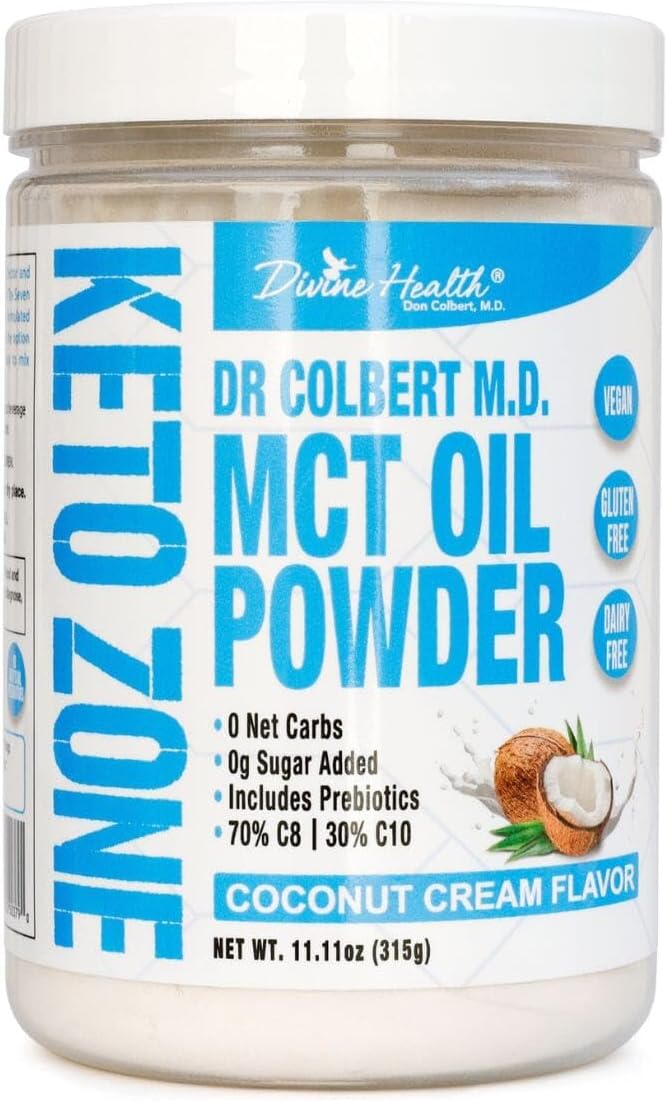 Dr. Colbert MD MCT Oil Powder | Coconut Cream Flavor | by Divine Health | Keto Zone | 75/C8 25/C10 | 0 Net Carbs | 30 Day Supply | 315g