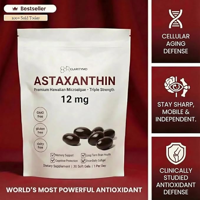 Astaxanthin 12mg Antioxidants Supplement – Natural Microalgae Source – Lipid-Based Softgel for Enhanced Absorption – Cognitive Vision &amp Joint Support – 30 Softgels (Pack of 2)