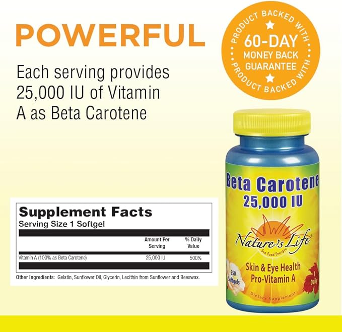Nature's Life Beta Carotene 25000 IU | Helps Support Healthy Immune Function &amp Skin &amp Eye Health | Antioxidant Dietary Supplement | 250 Softgels