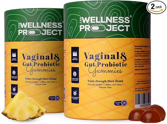 The Wellness Project Vaginal &amp Gut Probiotic + Prebiotic Gummies| Triple-Strength Clinically Studied Probiotics for Flora Odor &amp pH Balance | No Added Sugars | Delicious Pineapple Flavor (Pac
