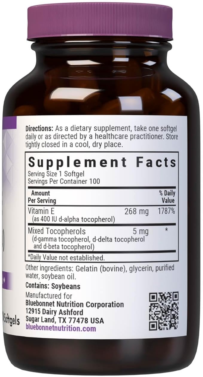 Bluebonnet Nutrition Vitamin E 400 IU (268 mg) Mixed Tocopherols Softgels Free Radical Portection &amp Cardiovascular Support Gluten-Free Dairy-Free Softgels Servings 100 Count