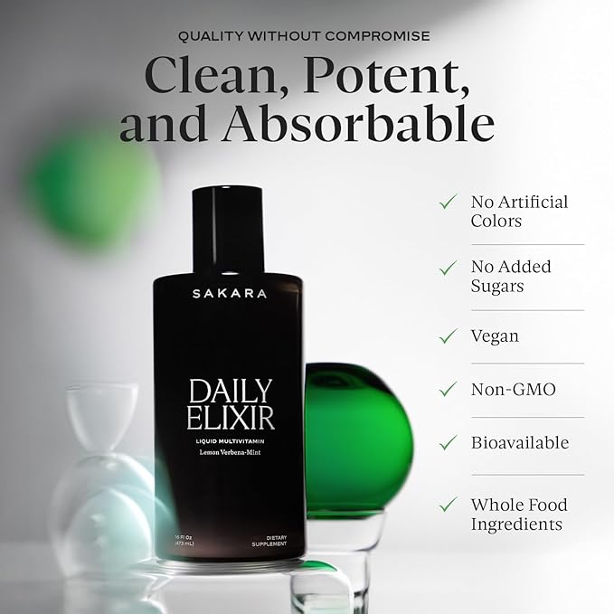 SAKARA Daily Elixir Liquid Multivitamin – High-Absorption Plant-Based Vitamins &amp Minerals for Energy Skin Hair &amp Nail Health with Vitamin E Selenium &amp Folate Sugar-Free Lemon Verbena M