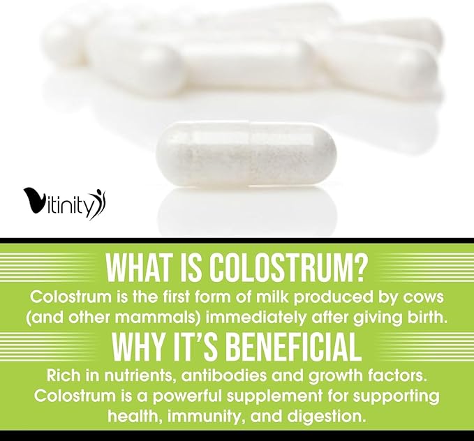 VITINITY Grass Fed Bovine Colostrum Capsules for Humans - Natural IgG Colostrum Supplement for Gut Health Immune Support Muscle Recovery &amp Wellness | Pure Colostrum Superfood Unflavored (120 Co