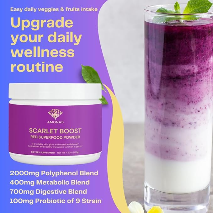 Scarlet Boost Red Superfood Powder - All Natural Red Greens Superfood Powder and Smoothie Mix: Greens Powder with Digestive Blend &amp 9 Strain Probiotics - 30 Servings
