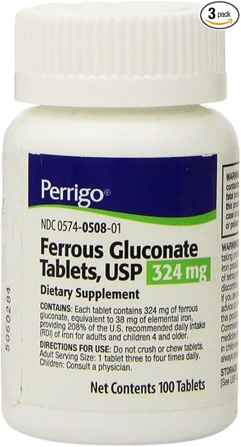 Perrigo Ferrous Gluconate Green Tablets 324mg 100ct (3 Pack)