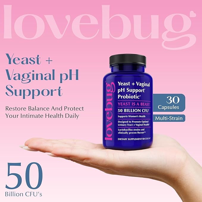 Lovebug Yeast and Vaginal Probiotics for Women pH Balance &amp Urinary Tract 50 Billion CFU UTI BV Odor Support with Lactobacillus Bifidobacterium Digestive &amp Vaginal Health Supplement 60 C
