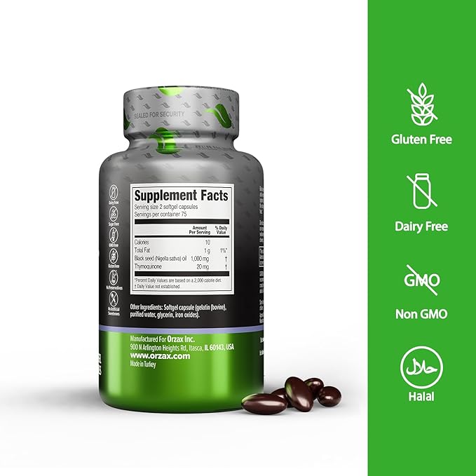 ORZAX Black Seed Oil Cold Pressed 100% Pure | Non-GMO – Rich in Omega 3 6 9 &amp Thymoquinone | Black Cumin Nigella Sativa Oil for Immune Support Hair Skin Face (150 Softgel Capsules)