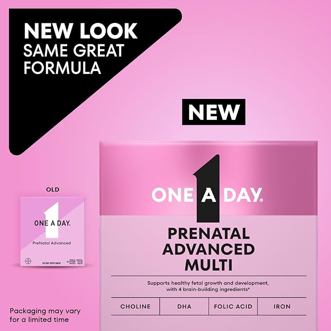 One A Day Prenatal Advanced- Prenatal Vitamins with Folic Acid Choline DHA &amp Iron Pregnancy Vitamins for Women to Support Baby’s Development 60+60 Ct (120 Total Set) (Packaging May Vary)