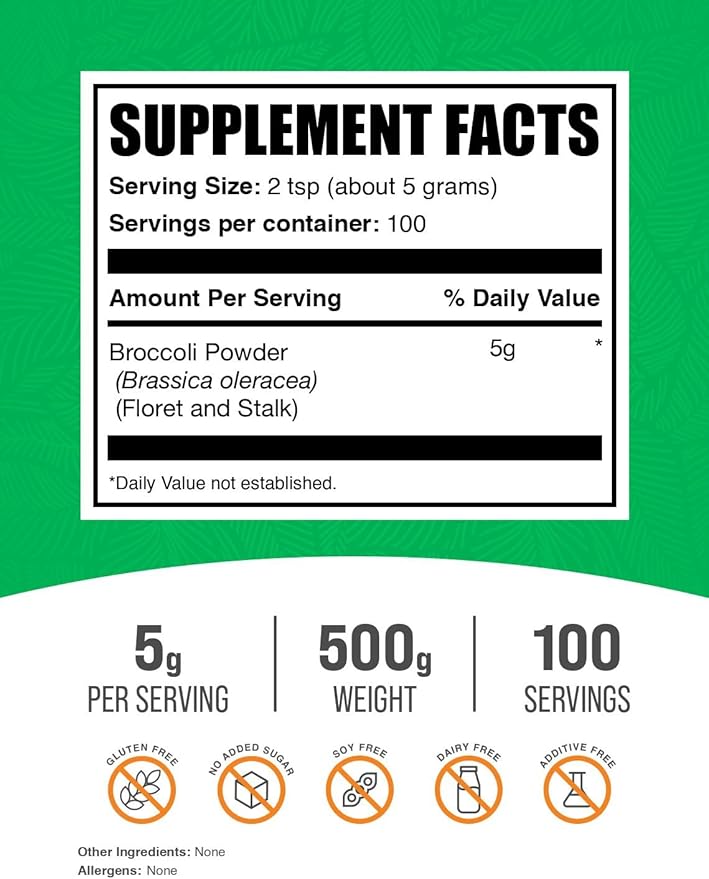 BulkSupplements.com Broccoli Powder - Broccoli Floret &amp Stalk Powder Sulforaphane Supplement - Vegan &amp Gluten Free 5g per Serving 500g (1.1 lbs) (Pack of 1)