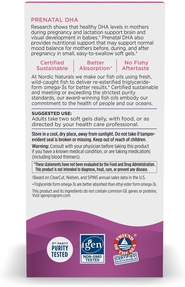 Nordic Naturals Prenatal DHA Unflavored - 180 Soft Gels - 830 mg Omega-3 + 400 IU Vitamin D3 - Supports Brain Development in Babies During Pregnancy &amp Lactation - Non-GMO - 90 Servings