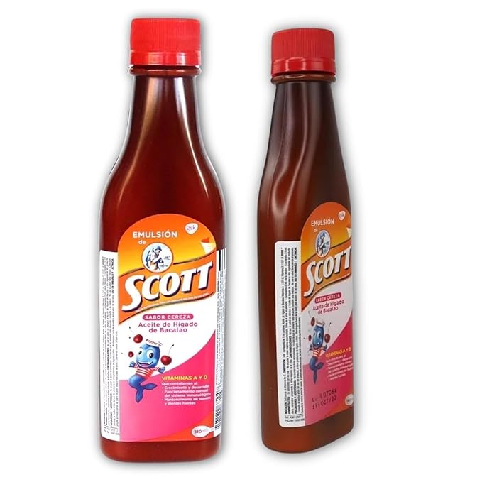 Emulsion de Scott Aceite de hígado de bacalao sabor Cereza - pack de 2 de 6.1 fl oz - 180 ml - Suplemento dietético para niños con vitamina A y calcio.