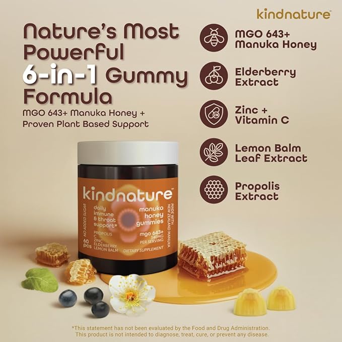 KINDNATURE Manuka Honey Medical Grade Gummies MGO 643+ - New Zealand Manuka Honey with Zinc Vitamin C Elderberry - Throat Comfort &amp Immune Support - Kids &amp Adults